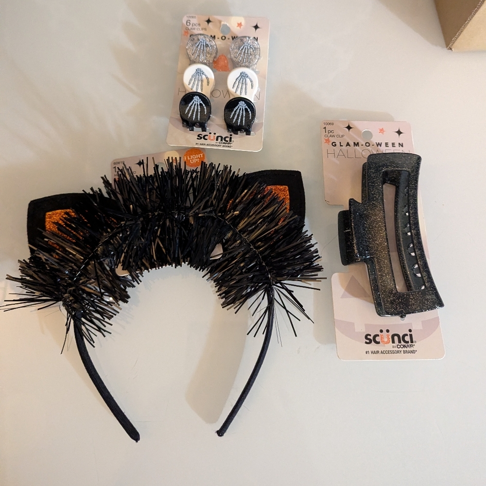 ~Scunci Glam-O-Ween Skeleton Hands Claw Clip , Big Claw Clip, Cat Ears Headband